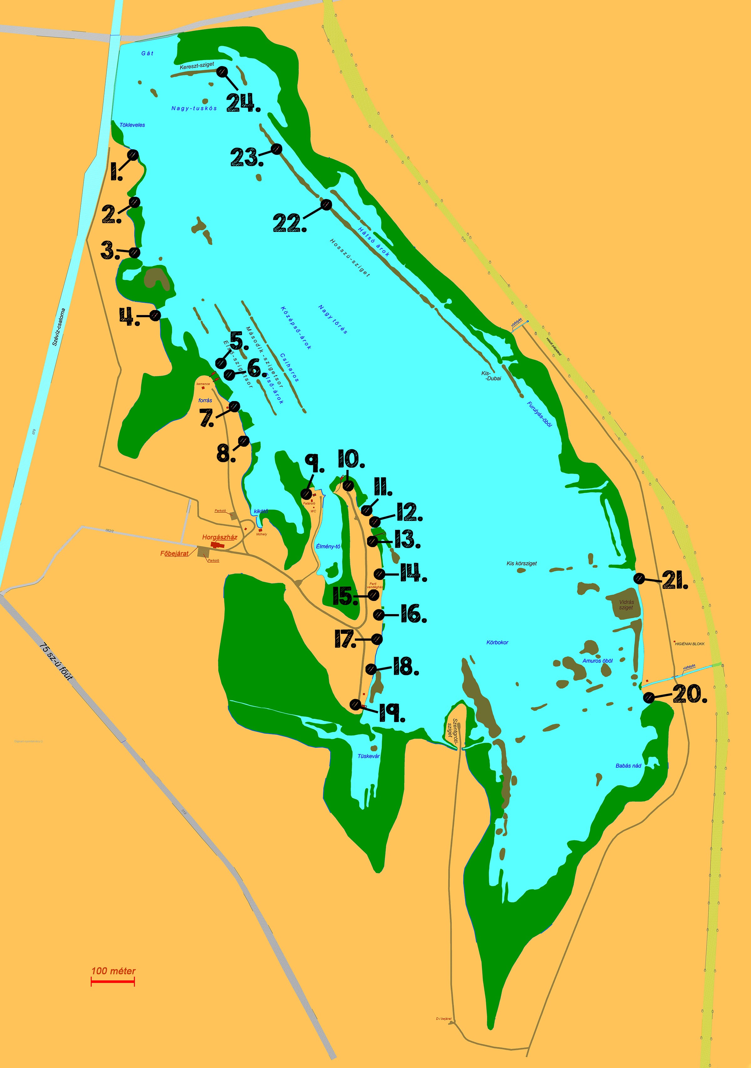 Pölöskei tó horgászhelyek térképe